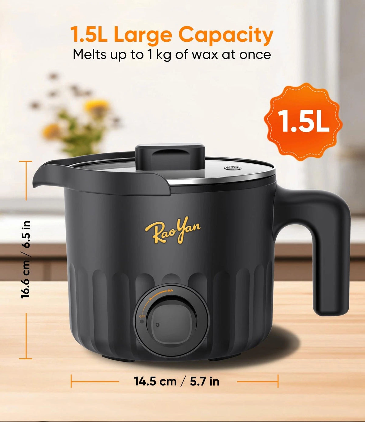 RAOYAN 1.5L Electric Wax Melter with Pouring Spout, Nonstick Large Black