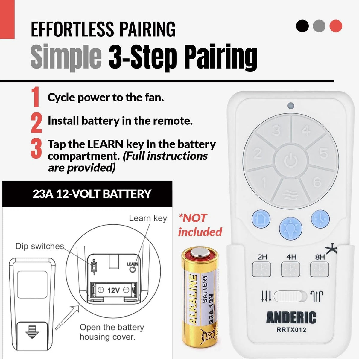 Anderic RRTX012 Replacement Ceiling Fan Remote Control Compatible with white