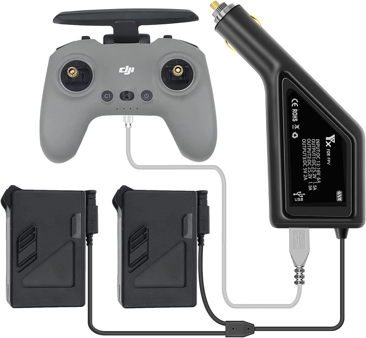 Hanatora 3 in 1 Battery Car Charger for DJI FPV Drone and Remote Black, Grey