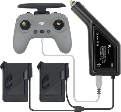 Hanatora 3 in 1 Battery Car Charger for DJI FPV Drone and Remote Black, Grey