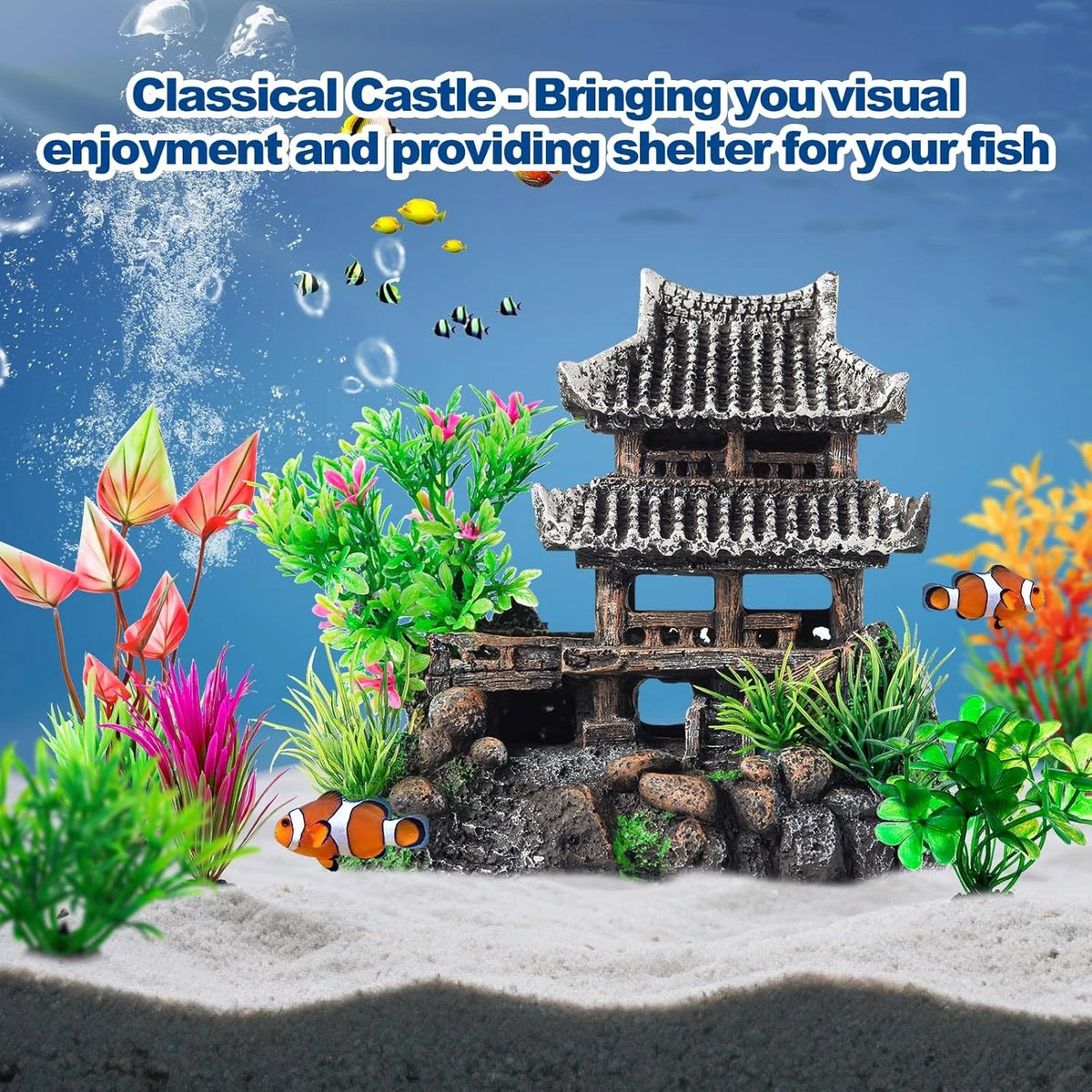 CousDUoBe 9Pcs Resin Castle Decorations Set，Realistic Fish Tank Gray