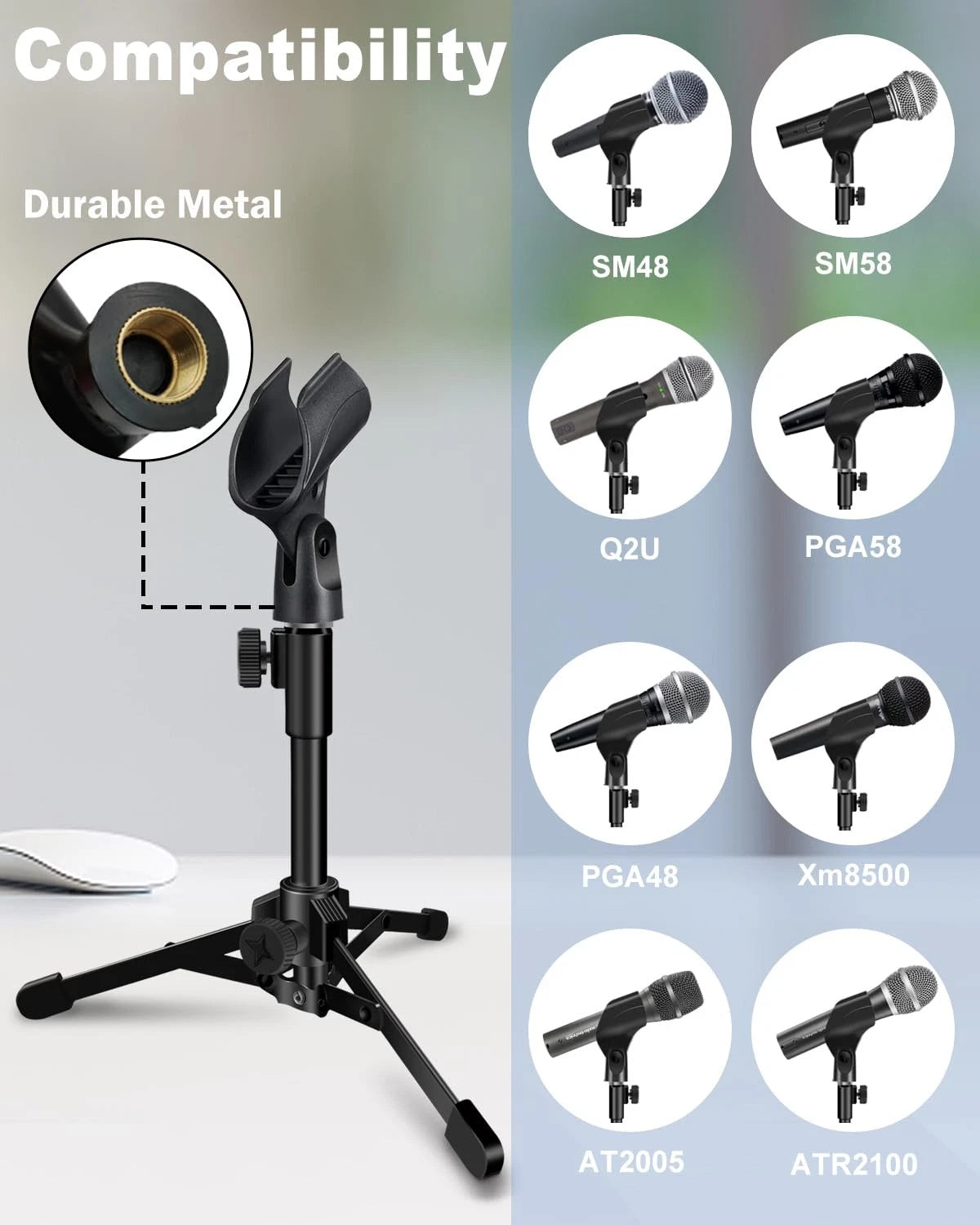 Mictop Desktop Mic Stand Portable Foldable Tripod with Clip Holder Black