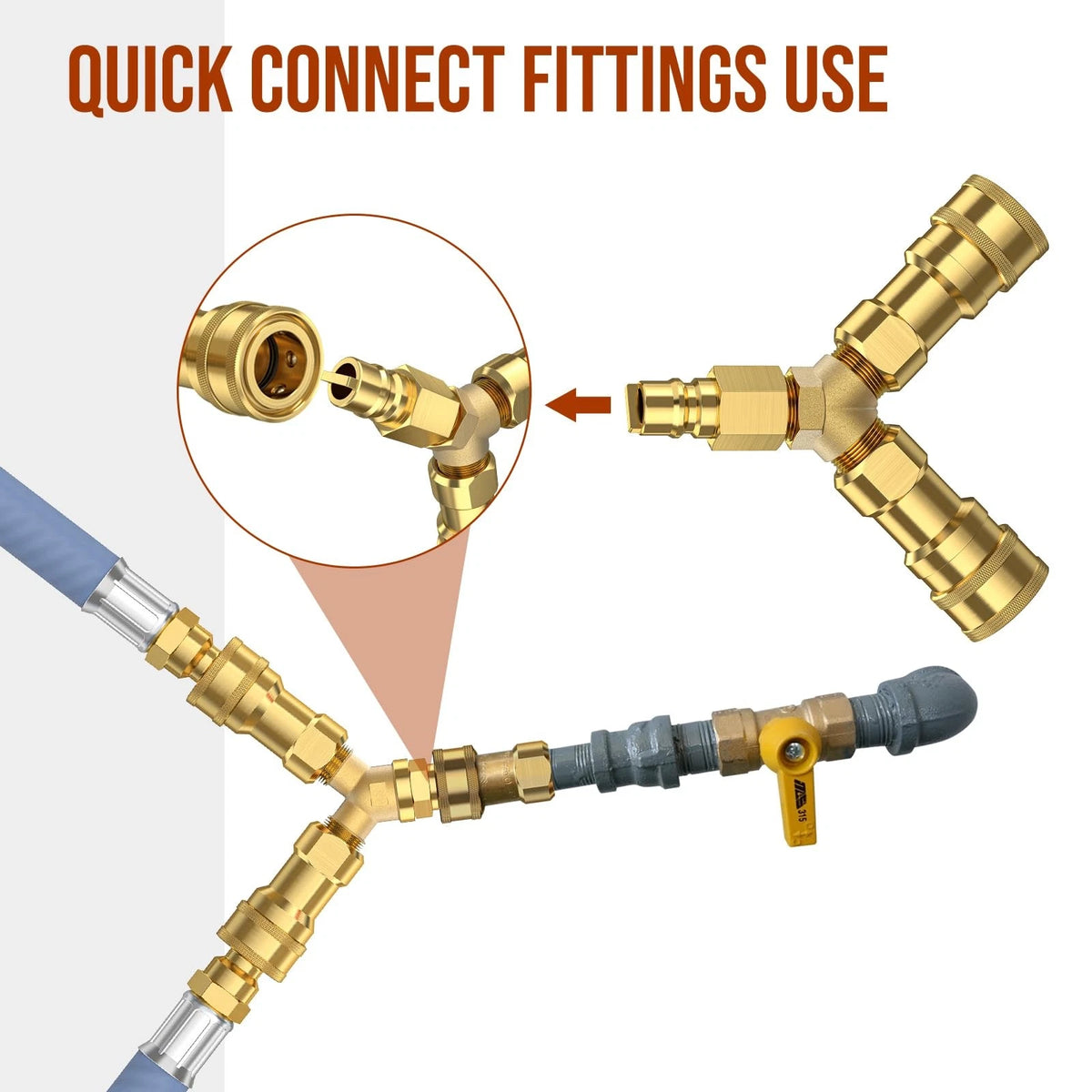 3/8 inch Natural Gas Y Splitter, 2-Way Quick Inch, Golden