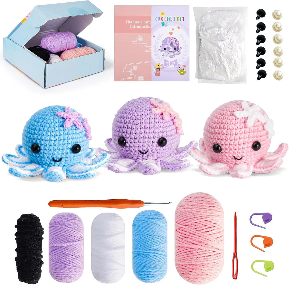 Crochet Kit for Beginners: Make 3 Cute Amigurumi Animals octopuses Family