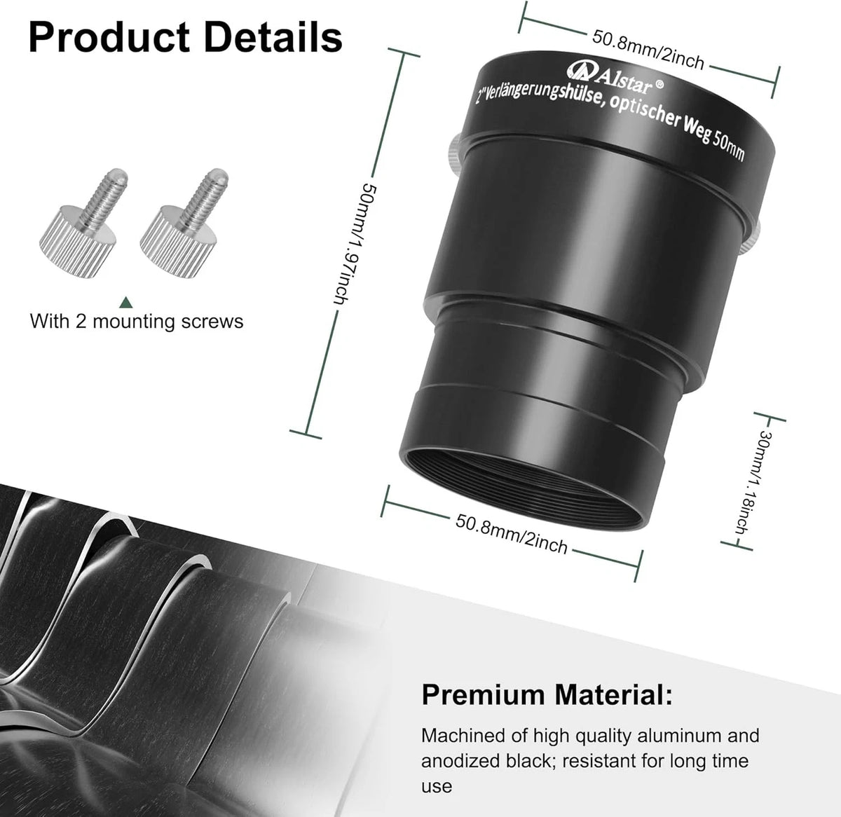 Alstar 2-Inch Telescope Eyepiece Extension Tube Adapter - Optical 2 Inch 50MM