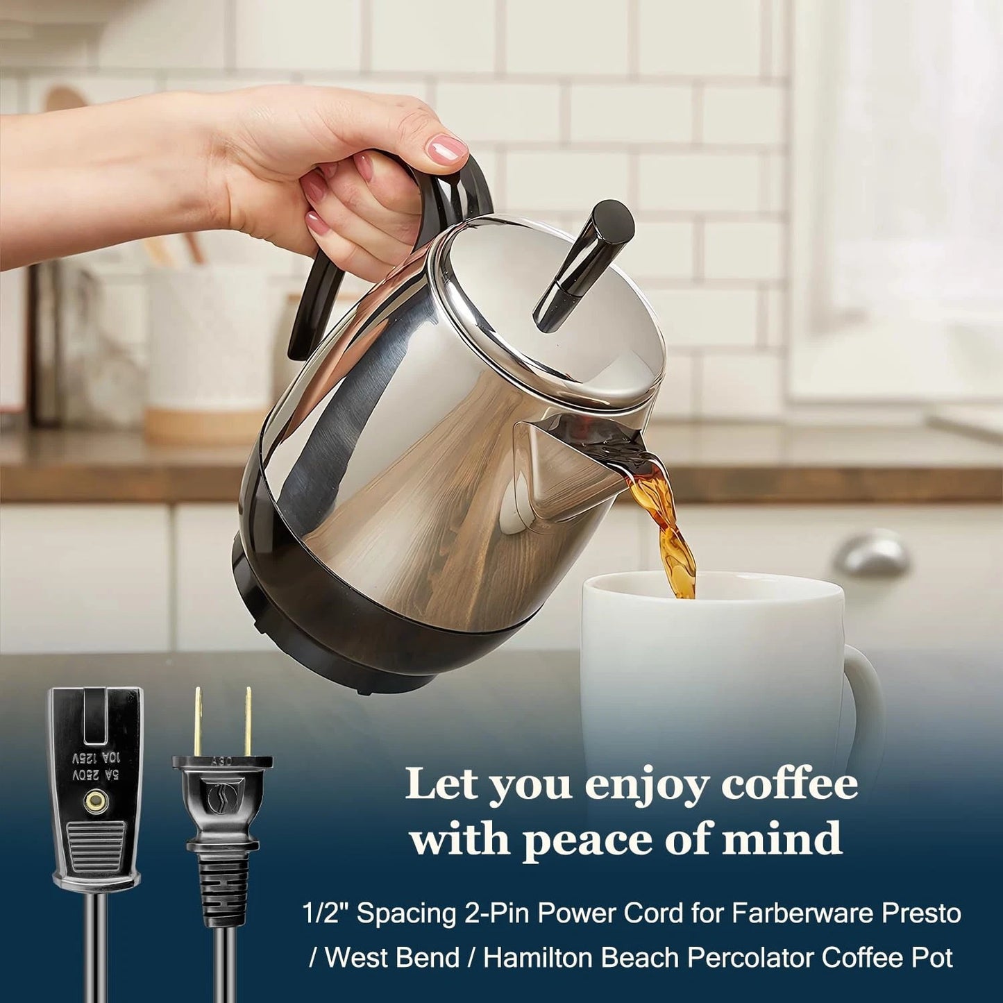 HASMX 6ft Power Cord for West Bend Coffee Urn 2 Pin 1/2 Inch 6ft, Black