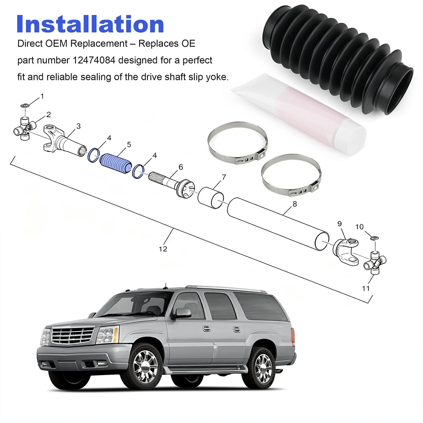Drive Shaft Slip Yoke Boot with Clamps 12474084 For 2005-2009 Chevy Express