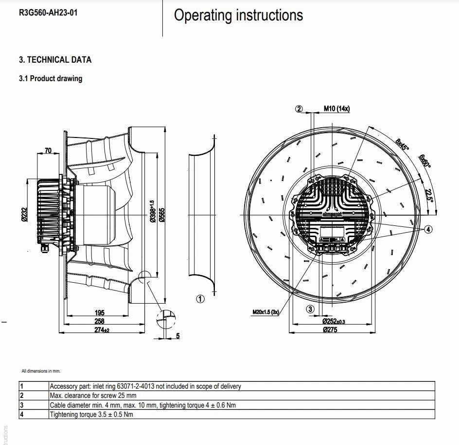 Ebmpapst R3G560-AH23-01 Centrifugal Fan 400V 4.6A 3~  560MM 8760m3/h Cooling Fan