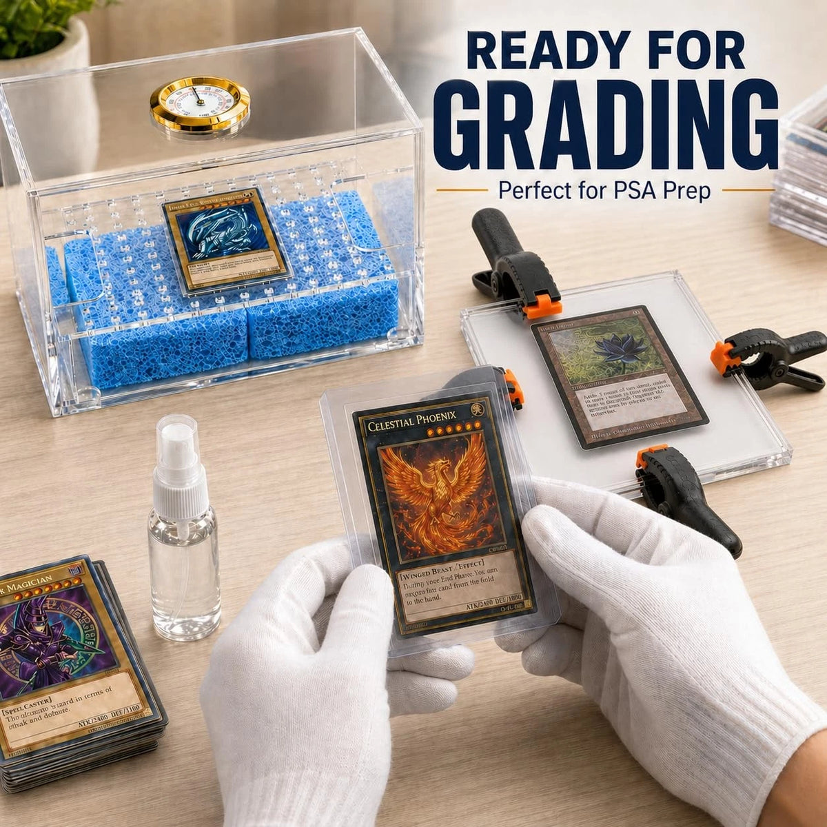 Trading Card Repair Flattening Kit with Humidor Box, Crystal Clear Acrylic
