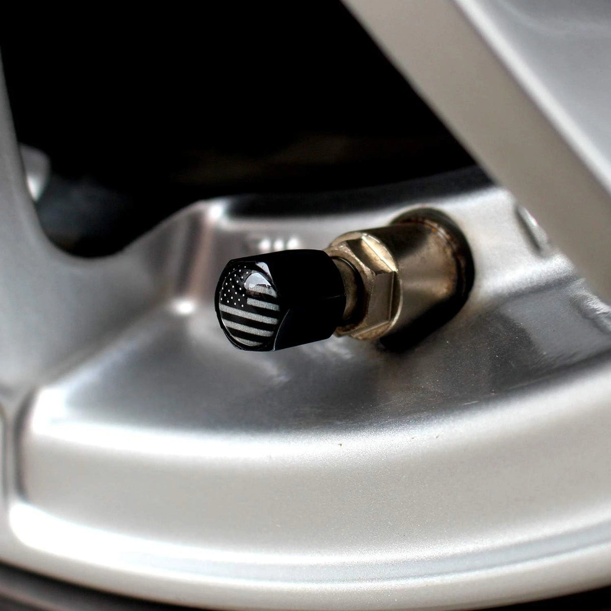 American Flag Tire Valve Stem Caps, USA with O Black Gray (12 Pack)