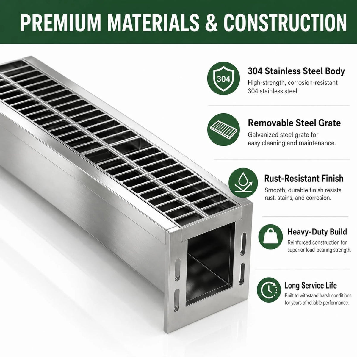 304 Stainless Steel Channel Drain Kit, 39.4x6.1x5.9in, Silver