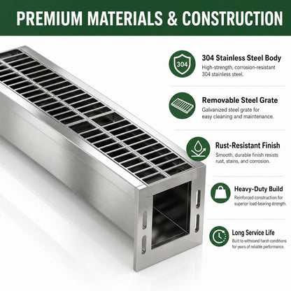 304 Stainless Steel Channel Drain Kit, 39.4x6.1x5.9in, Silver