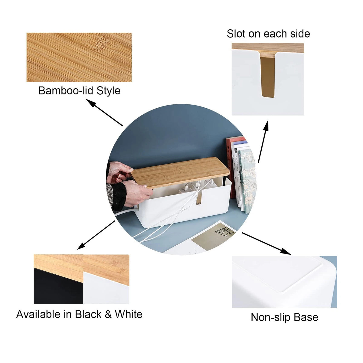 Changsuo Small Cable Management Box with Bamboo Lid for small, White