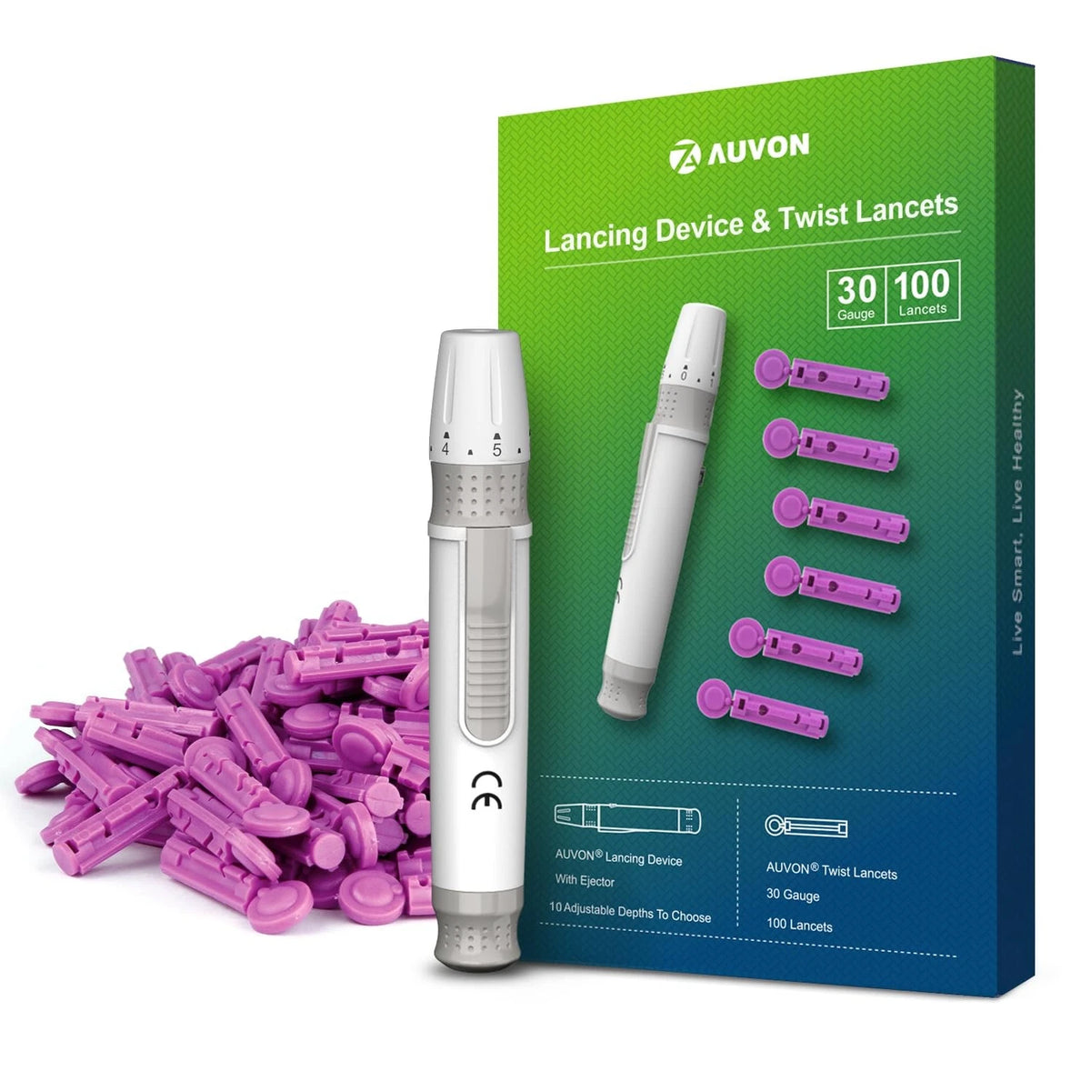 AUVON Lancing Device with Less Pain Design, Blood Sample Pen 101 Piece Set