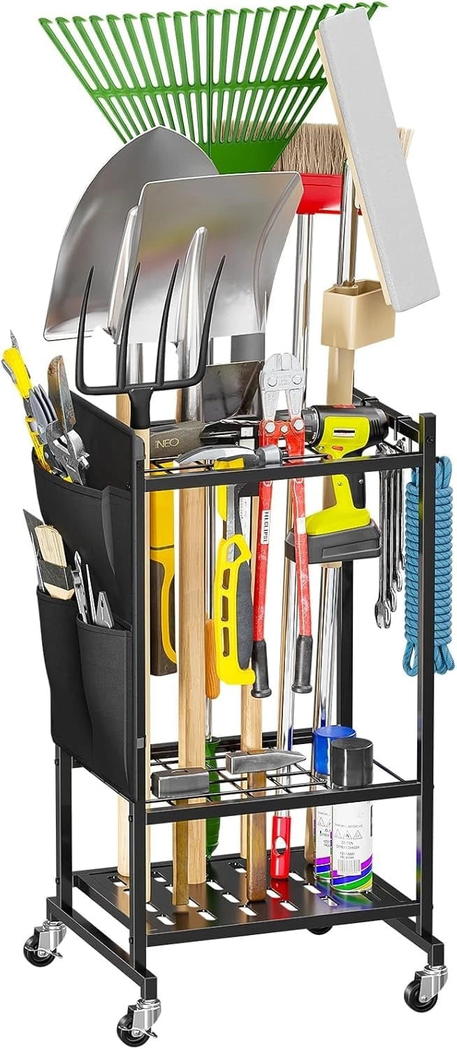 MWQ Garden Tool Organizer with Wheels, Rolling Yard Tower Wheeled, Black
