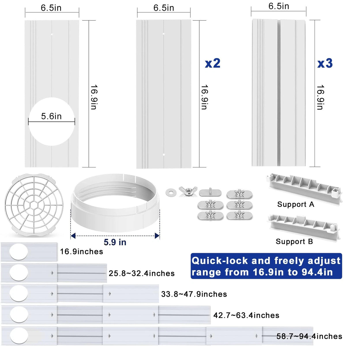 Portable Air conditioner Door Vent Kit, AC 5.9" Seal Gray