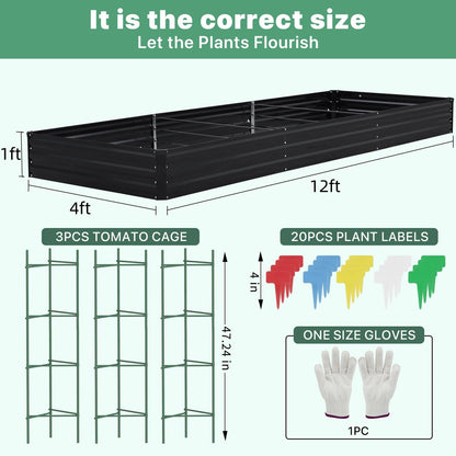 SONFILY 12×4×1ft Galvanized Metal Raised Garden Bed, 12x4x1 ft, Black-2