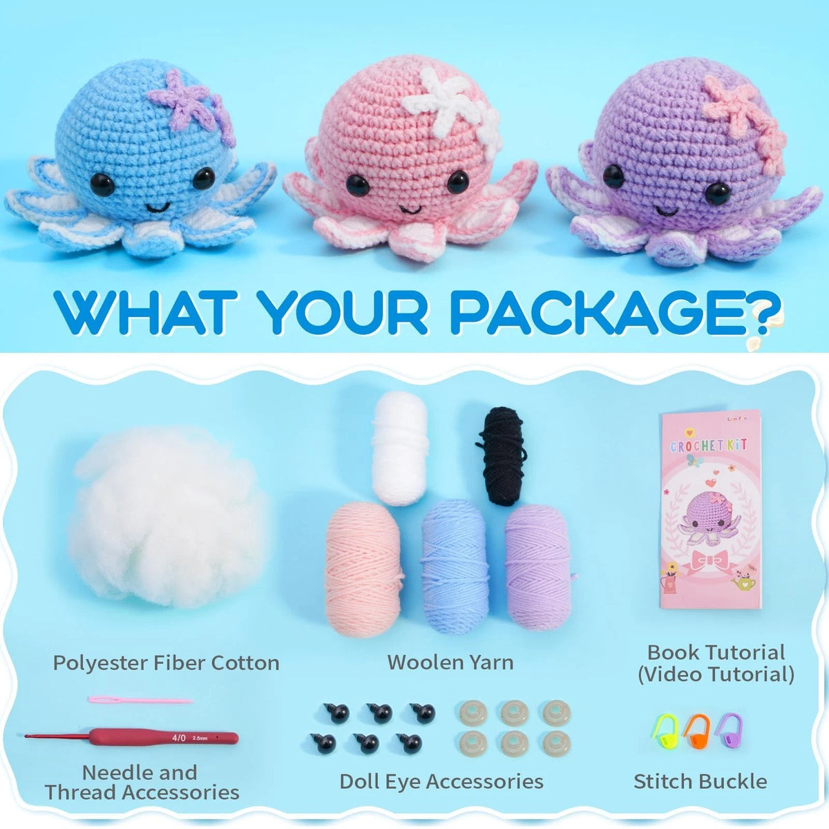 Crochet Kit for Beginners: Make 3 Cute Amigurumi Animals octopuses Family
