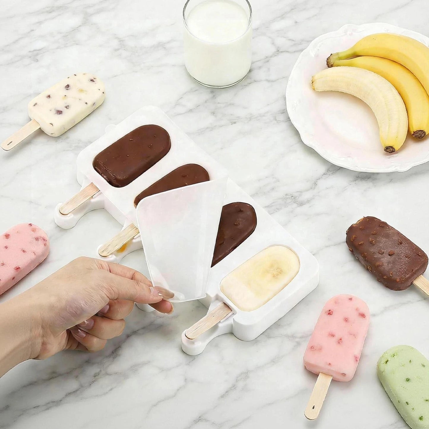 2 Pack Silicone Popsicle Molds，Oval 4 Cavities Homemade Ice Pop Small, White