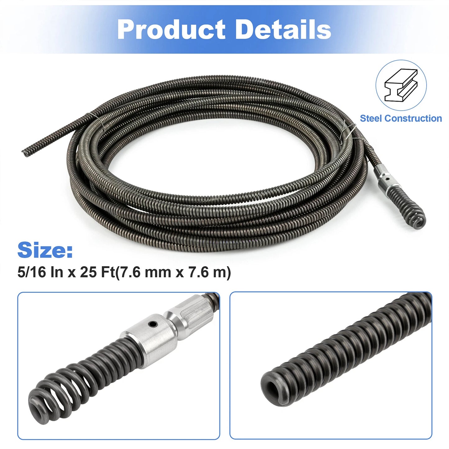 ‌Heavy-Duty 5/16" x 25ft Drain Cleaning Cable Fits Model 62235, G2037506, 4MY89