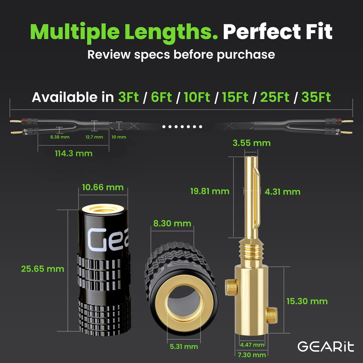 GearIT 12AWG Speaker Cable Wire with Gold-Plated Banana Tip 6 Feet, Black
