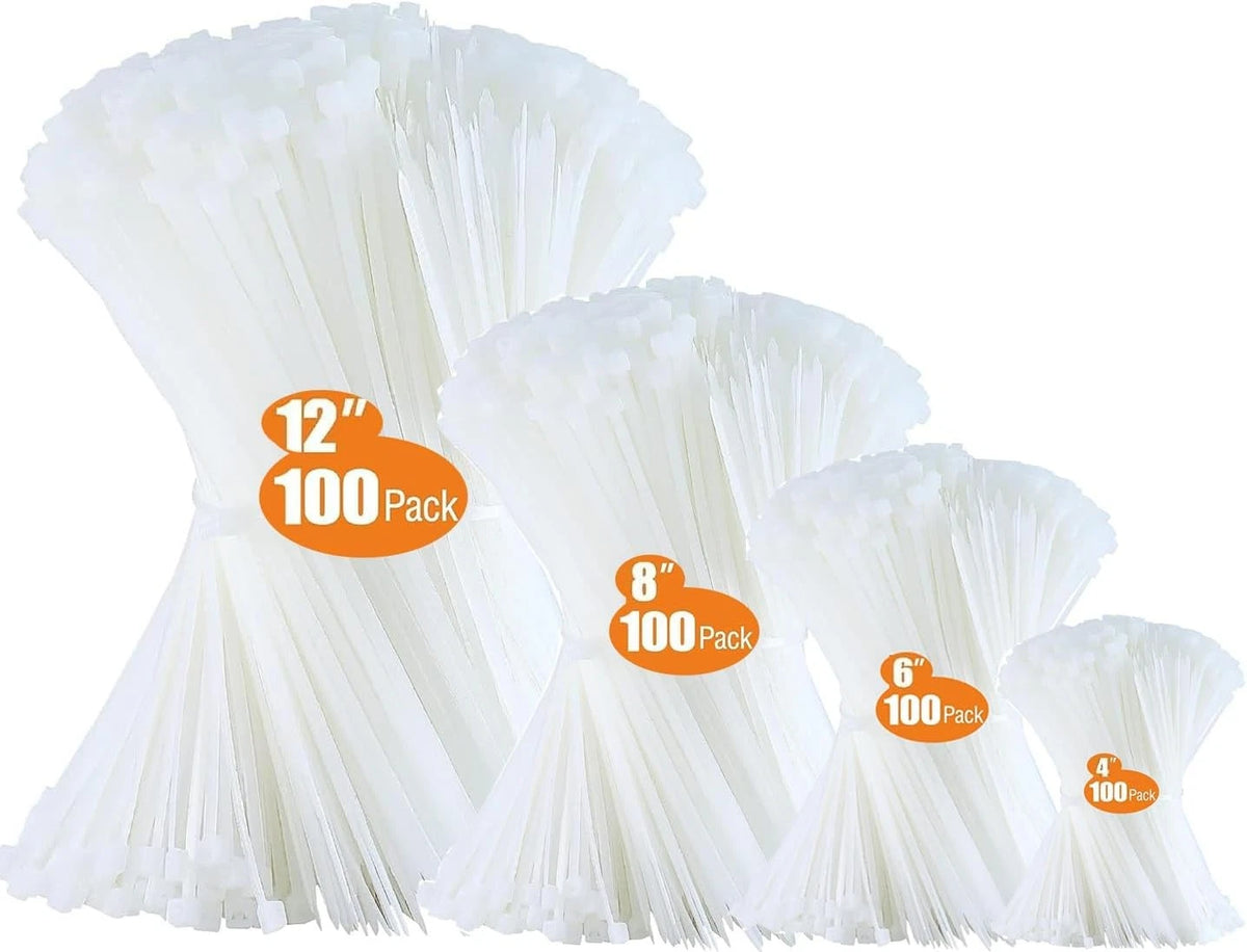 Zip Ties Assorted Sizes 400 Pack 12+8+6+4 Inch（400pack）, White