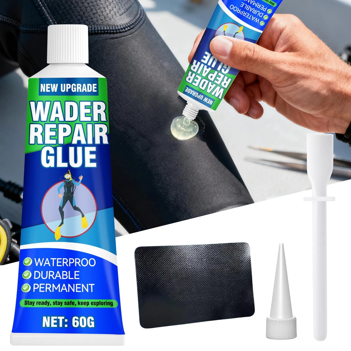 Wader Repair Glue, Flexible Patch Kit, Fast-Drying, Waterproof, Clear