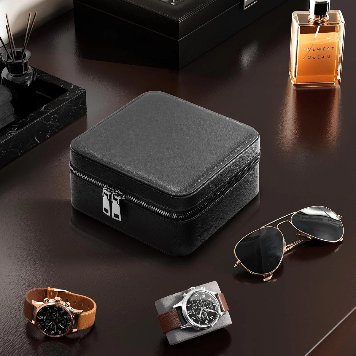 ProCase Travel Watch Case, 3 Slots PU Leather Mens Jewelry Box, 3-Slot, Black