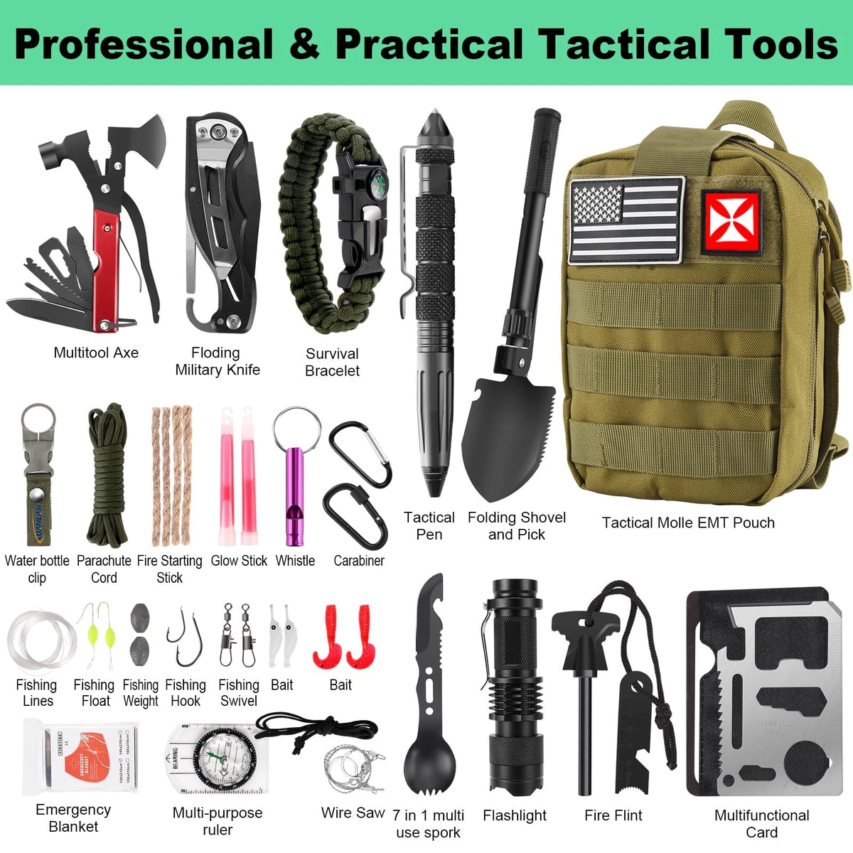 Survival Kit 256 in 1, First Aid Gear Tools Trauma Green