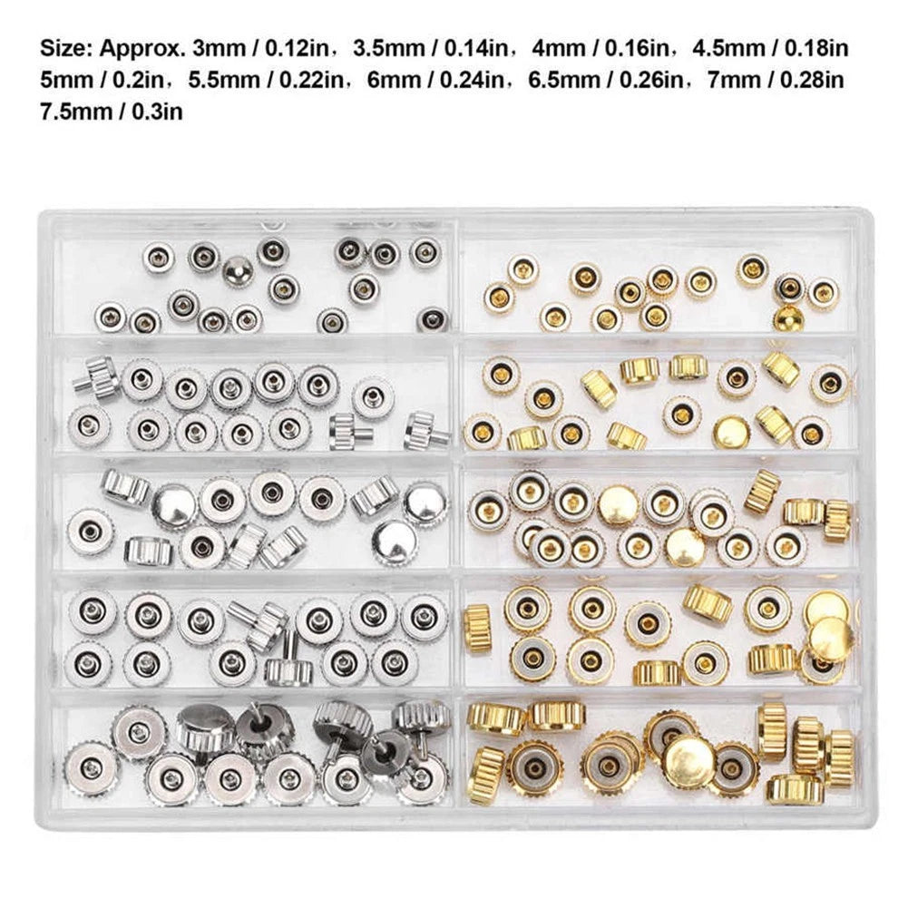100Pcs Brass Watch Crown Watchmaker Repair Spare Parts Silver&Gold Heads Box D