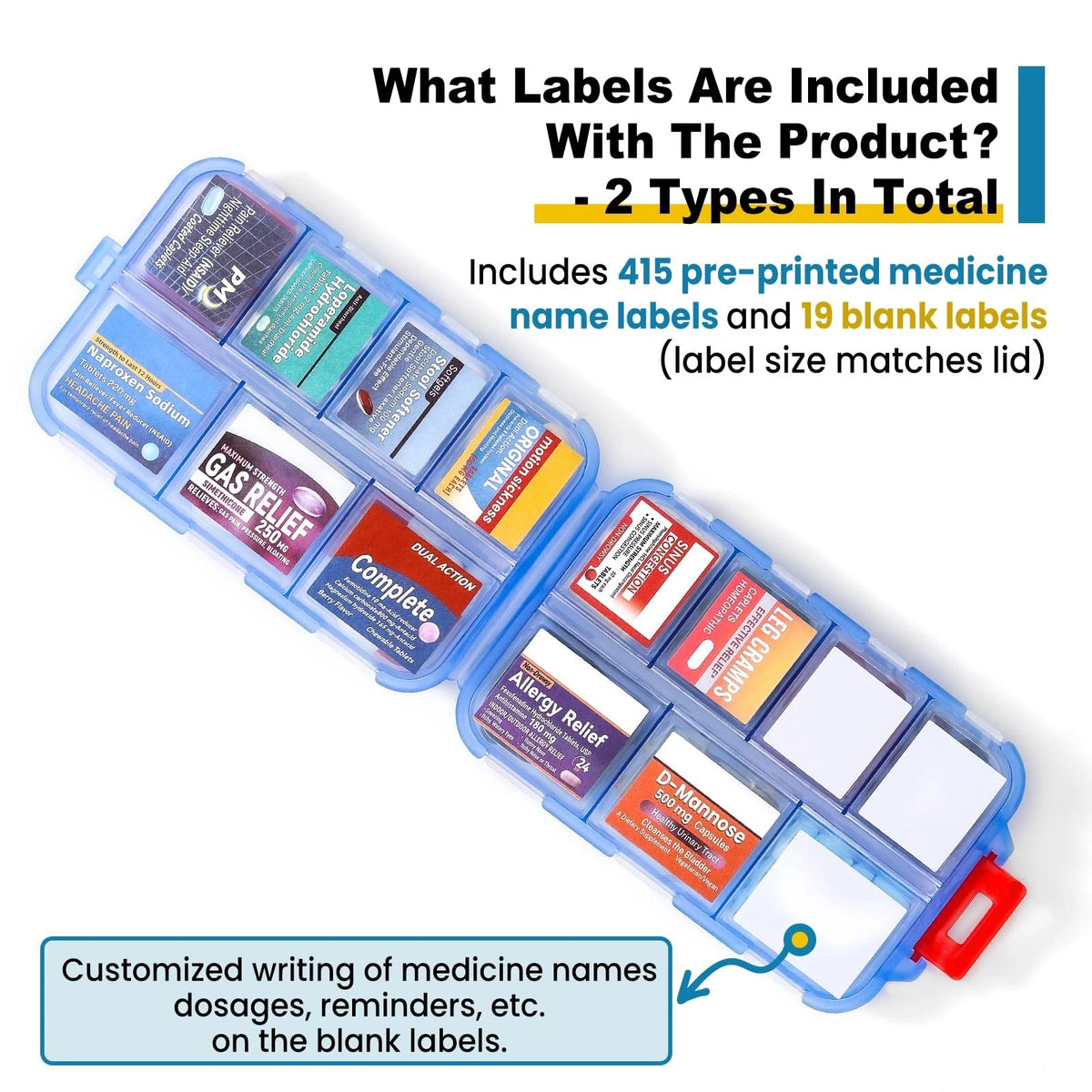 14 Grids Travel Pill Organizer Box with Bulk Med Labels, Clear-blue