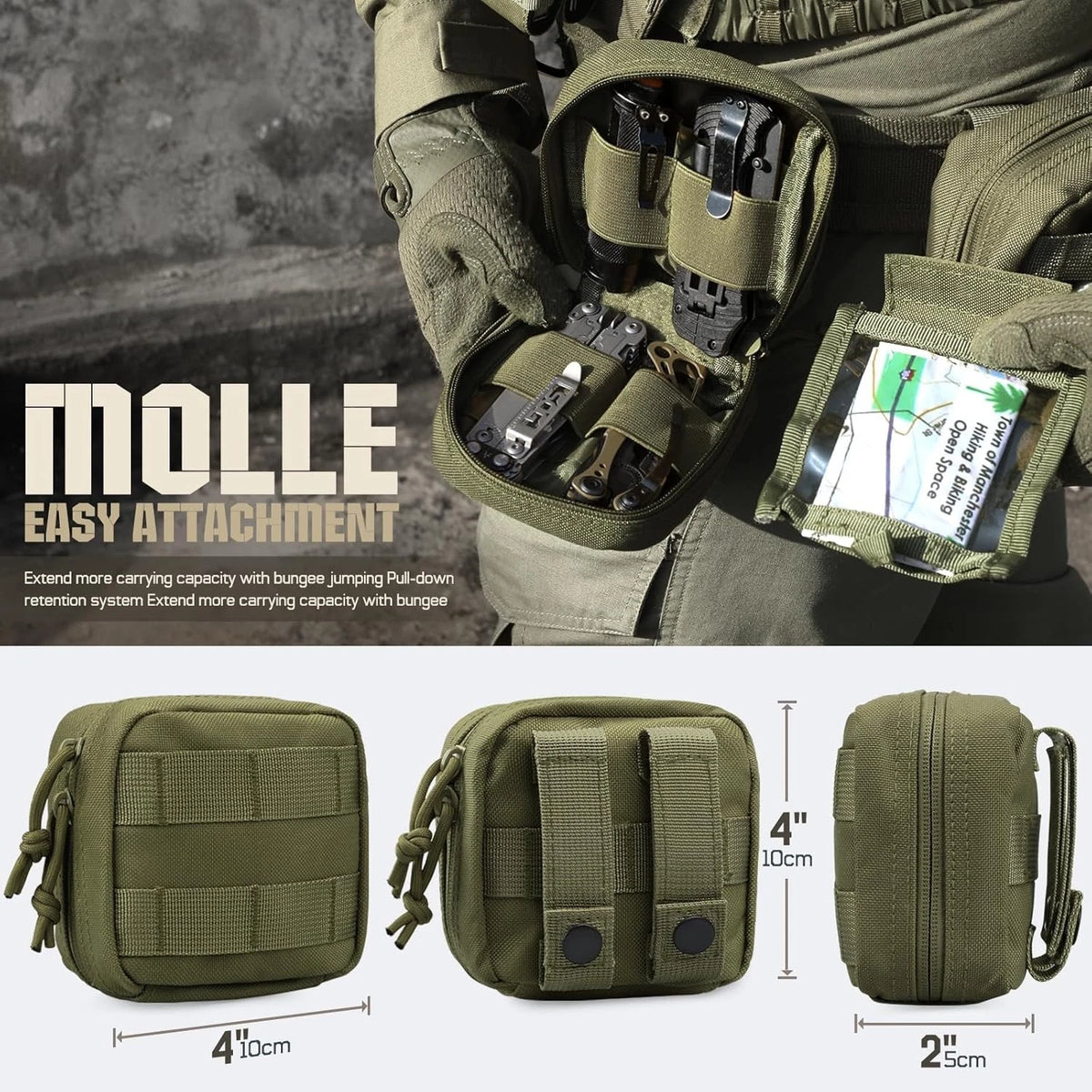 2 Pack Small Molle Pouch, Mini Tactical EDC Belt Pouches 4x4 GP Army Green