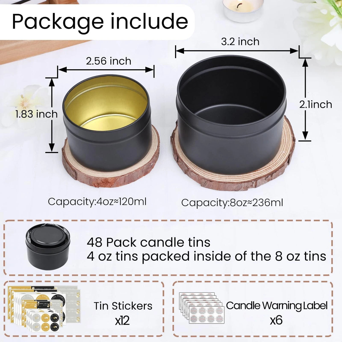 CONNOO 48 Pack Candle Tins - 24pcs 8oz + 4oz 48pcs 4oz+8oz, Matte Black