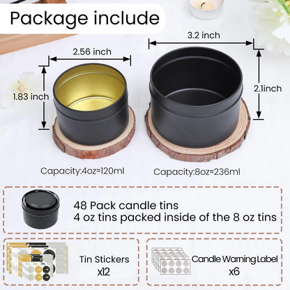 CONNOO 48 Pack Candle Tins - 24pcs 8oz + 4oz 48pcs 4oz+8oz, Matte Black