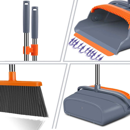 kelamayi Upgrade Broom and Dustpan Set, 50.39 inches, Gray&orange