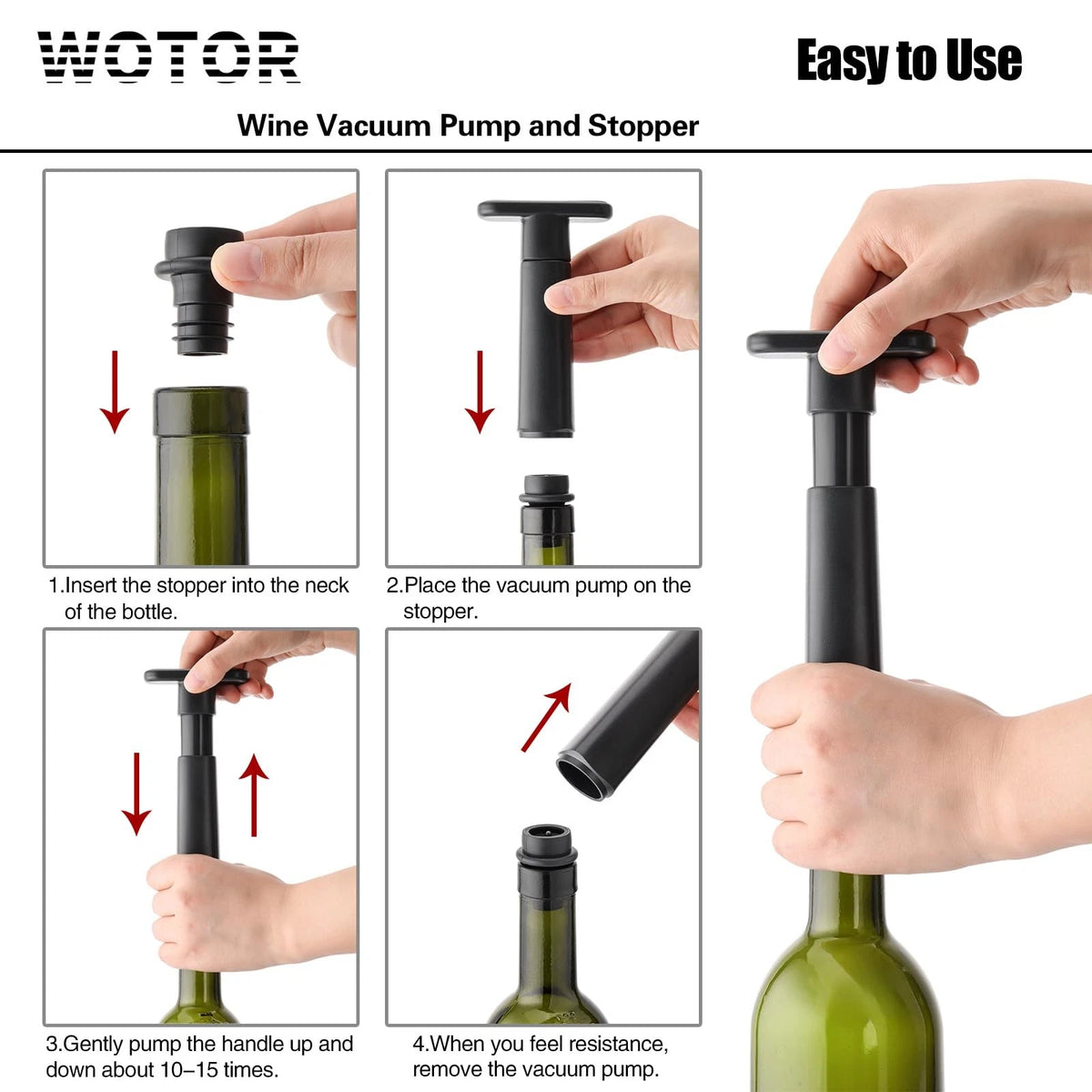 WOTOR Wine Saver Vacuum Pump with 4 Stoppers, 1 + 4 Black