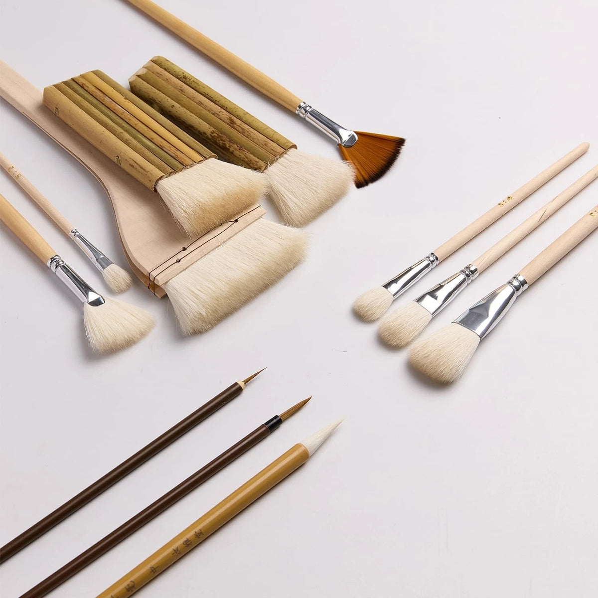 12 PCS Pottery Glaze Brushes Set with Goat Hair & Hake Beige