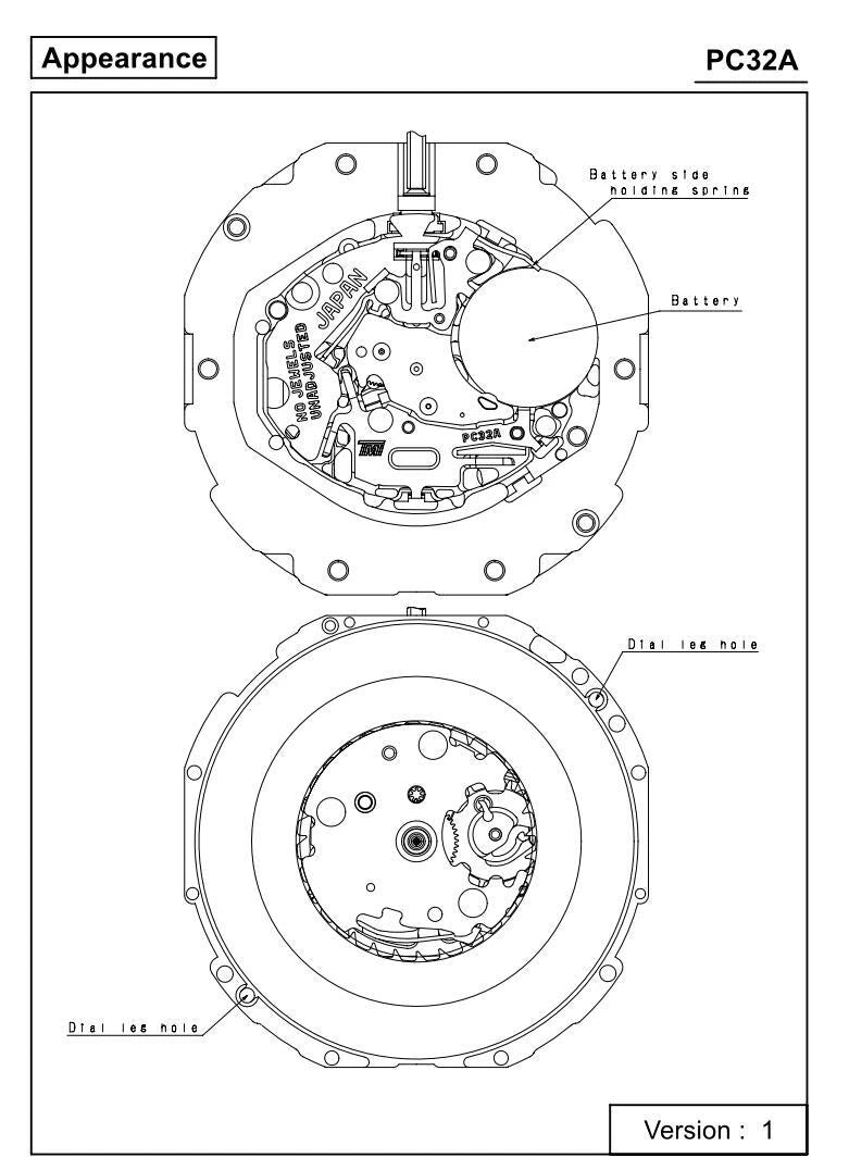 Durable 23.7mm 32,768 Hz Frequency Date At 3 Quartz Watch Movement PC32A