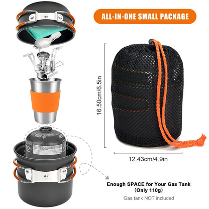 Odoland Camping Cookware Stove Set with 1.2L/0.6L Pot and Standard, Orange