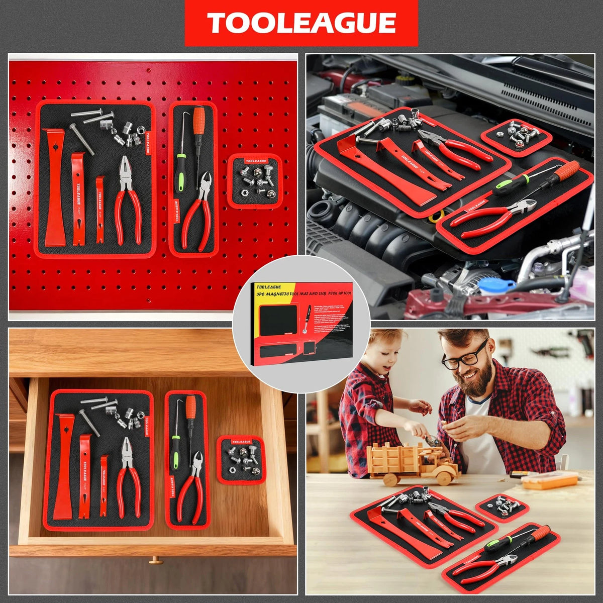 TOOLEAGUE 3Pcs Magnetic Mats with Pickup Tool, Black and Red