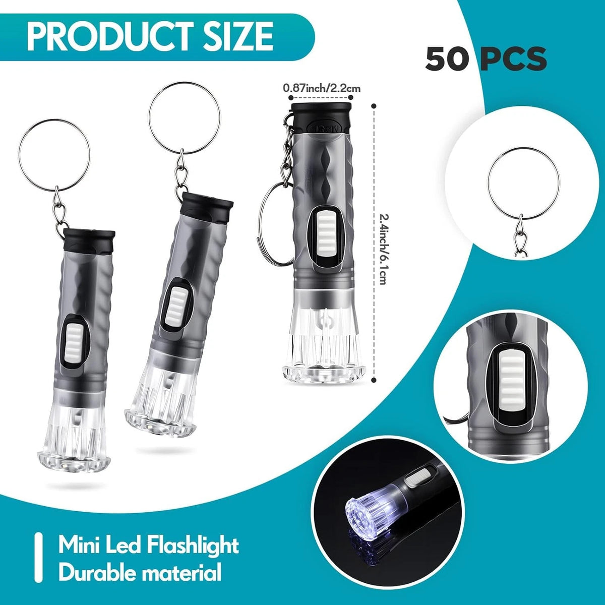 Jexine 50 Pcs Mini Flashlight Keychains Bulk with Lanyard Portable Black