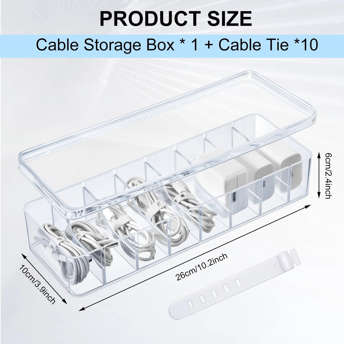 Tatuo 1 Pcs Cable Organizer Box with Wire 10.79'' X 3.78'' X 1.97'', Clear