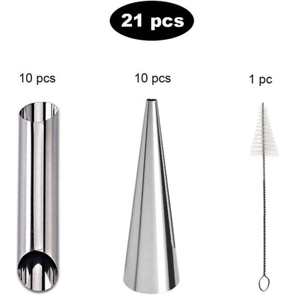 Stainless Steel Cream Horn Molds - 21 Pcs Cannoli Form Tubes & Conical Silver