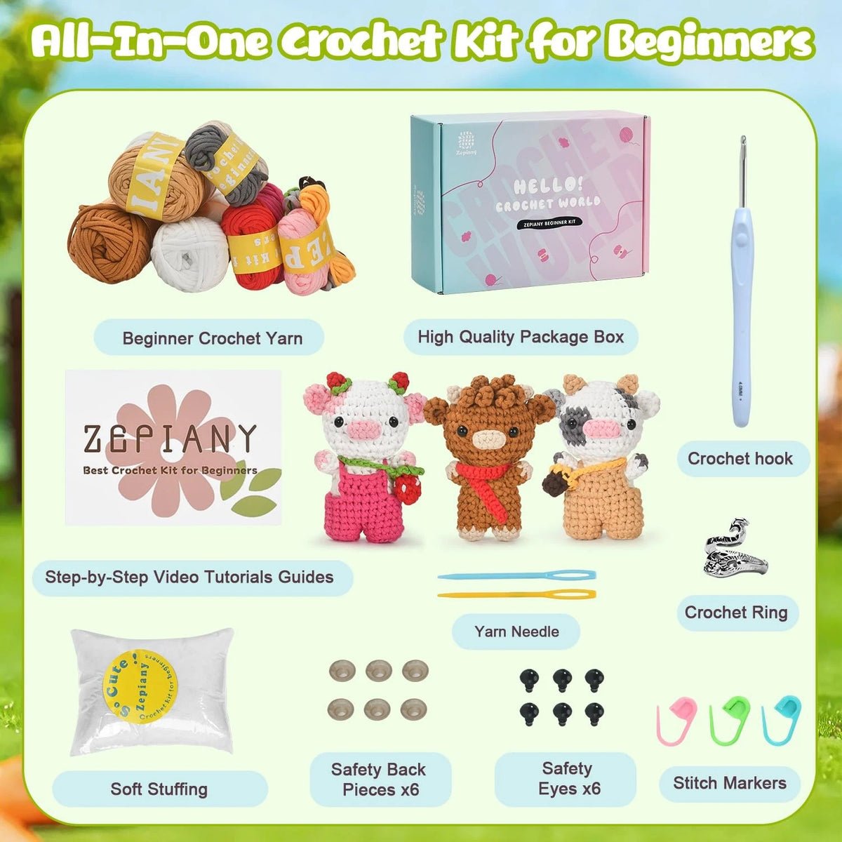 Zepiany Crochet Kit for Beginners 3 PCS Amigurumi Animal Cows cow kit