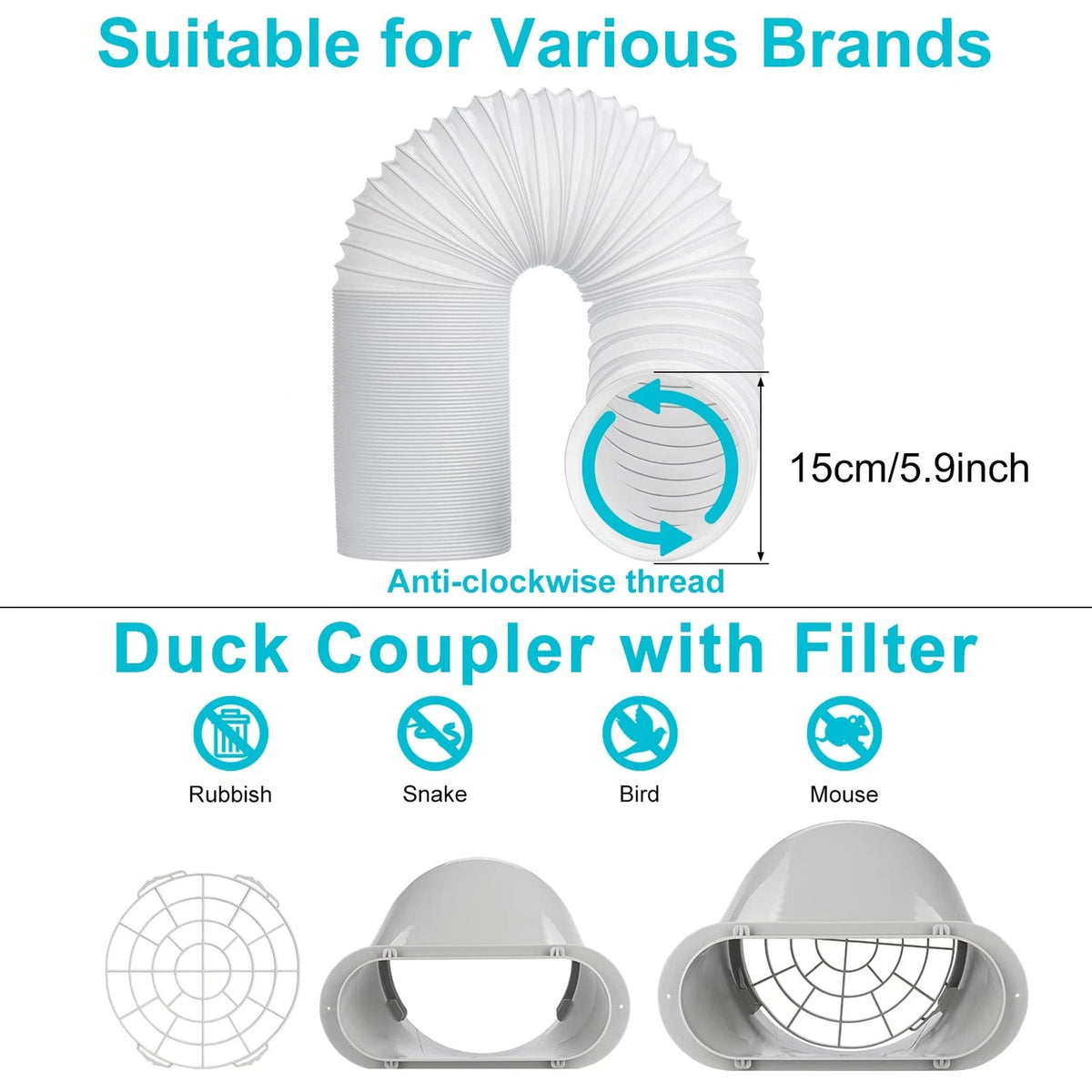 Foancie Portable AC Panel Set + Exhaust Hose, White with Silver Accents