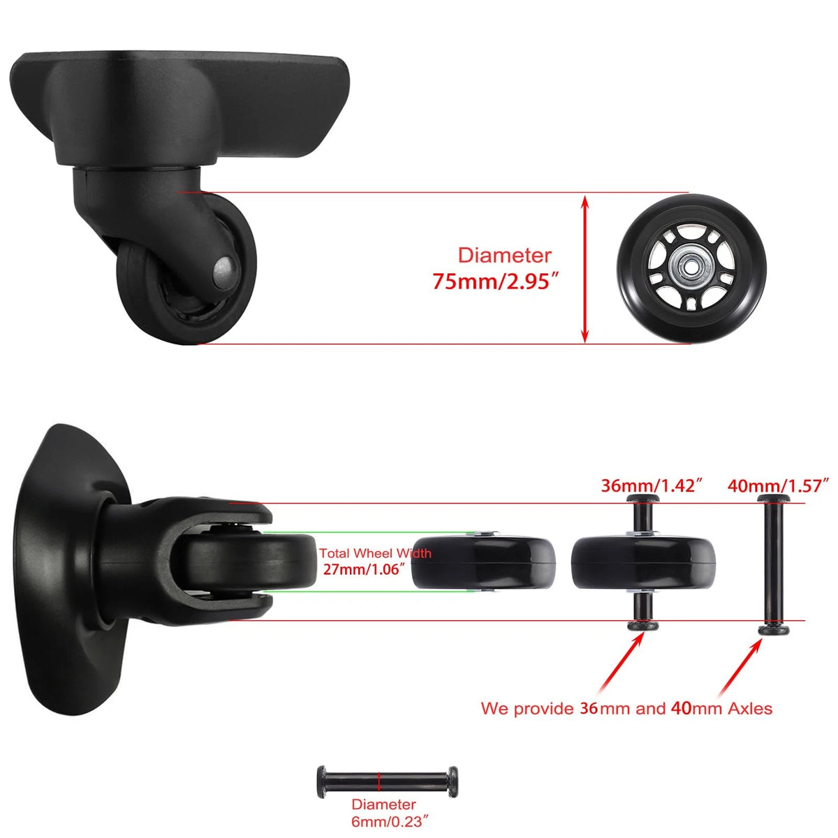 OwnMy 75mm x 23mm Luggage Wheels Replacements Set of 2 / 2.95", Black