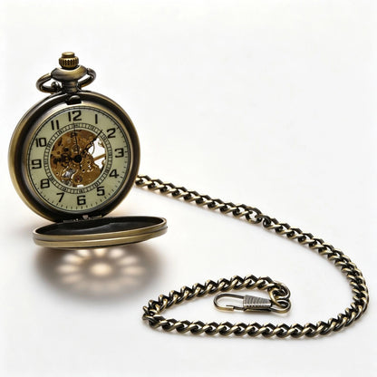 Classic Mechanical Black Steampunk Skeleton Pocket Watch with Chain For Men