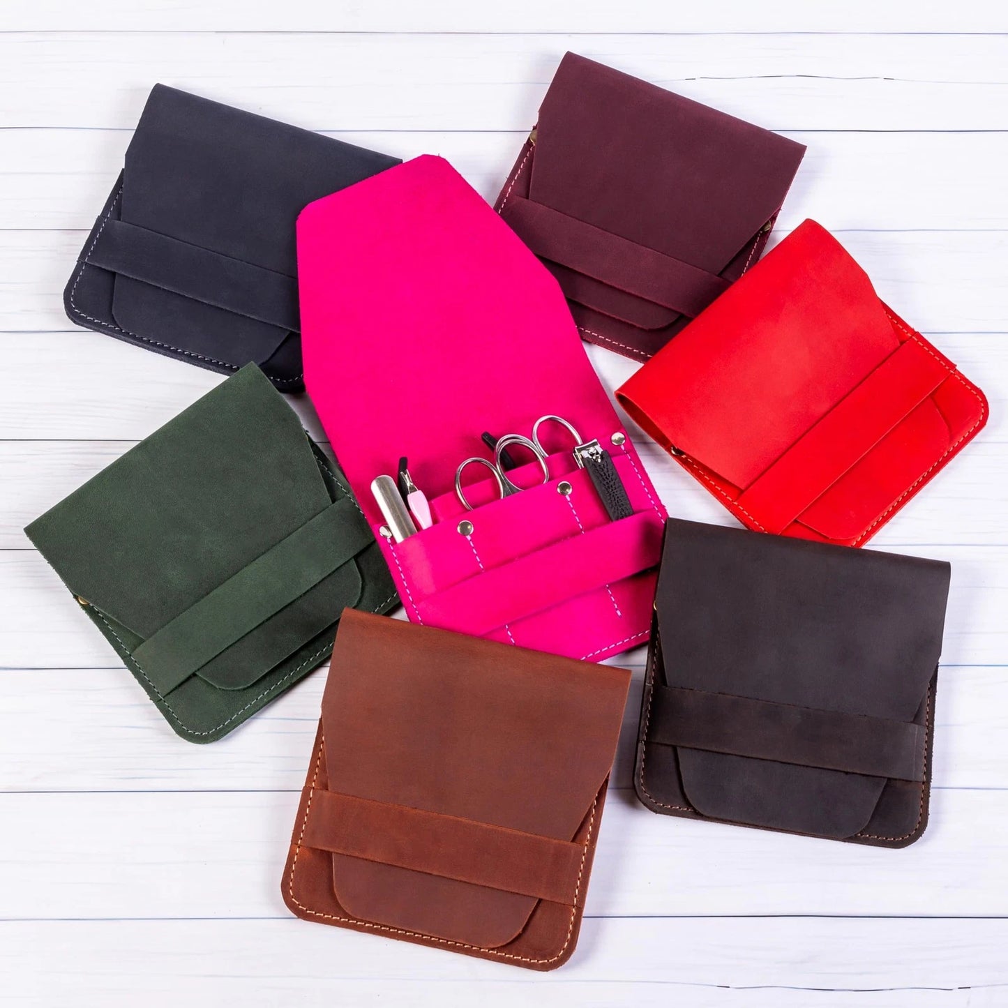 Leather Manicure Set Case Grooming Kit Organizer (Fuchsia) 5" x 5.1", Fuchsia