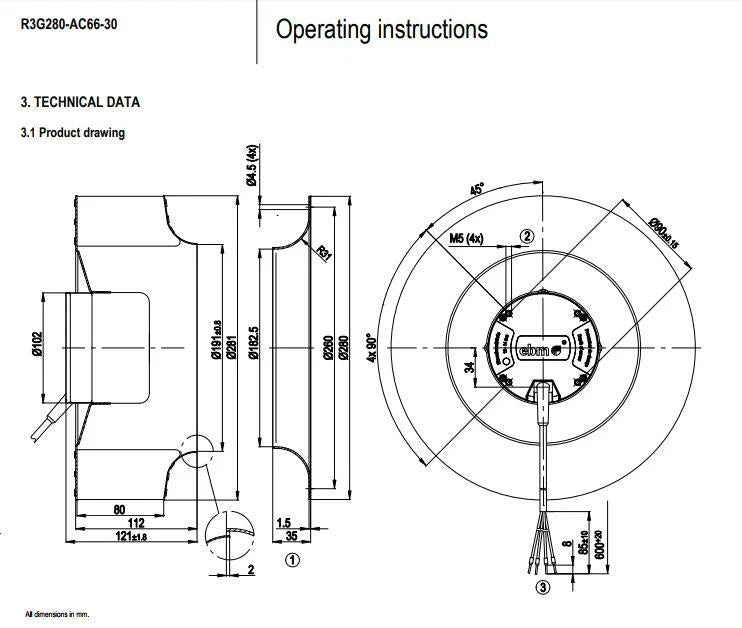 Ebmpapst R3G280-AC66-30 Centrifugal Fan 48VDC 135W 2.85A Air Conditioning Fan