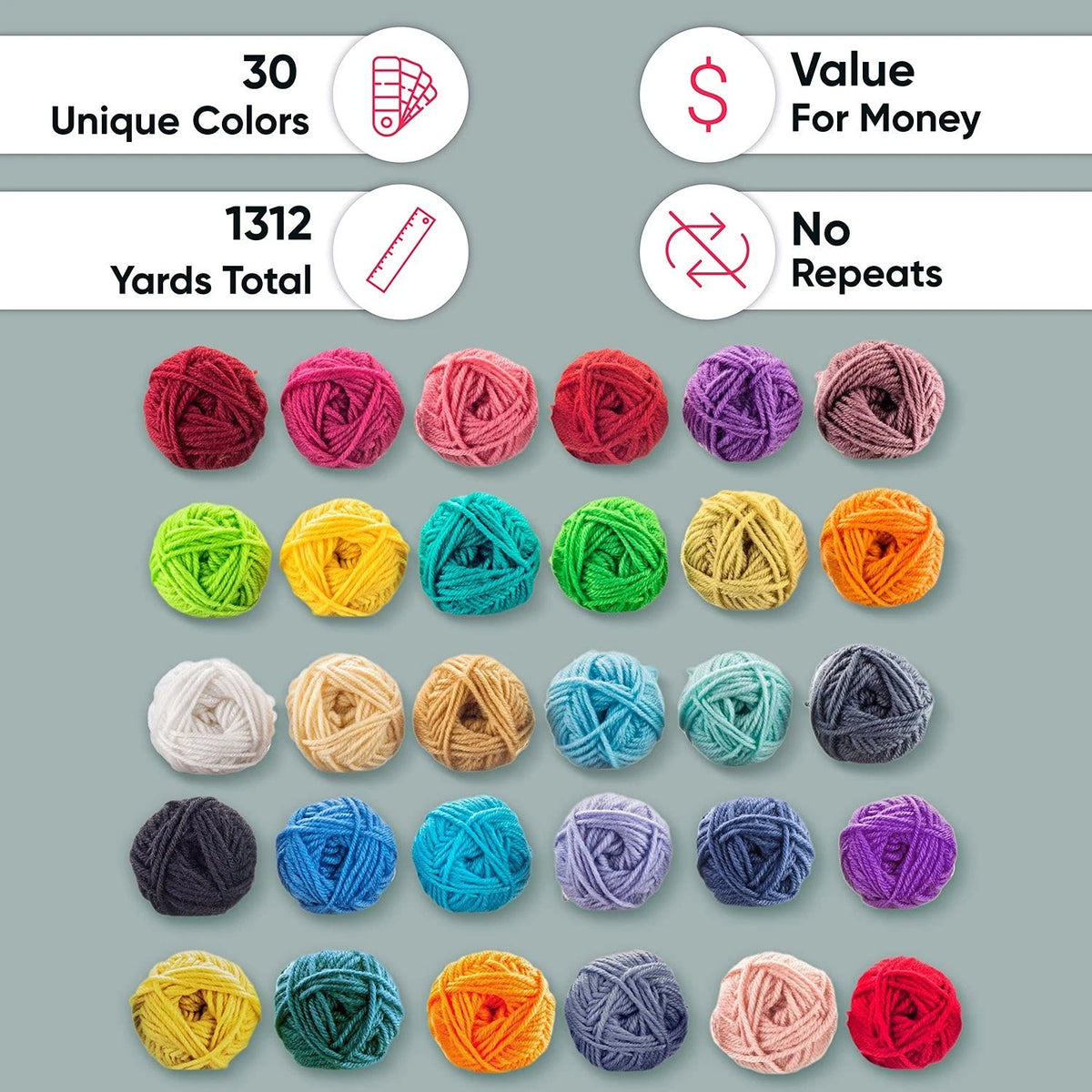 CRAFTISS 30 of 20g/0.7Oz Acrylic Yarn Mini Skeins - 1300 30x20g, Multicolor